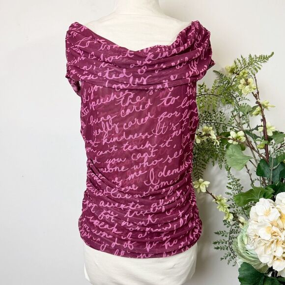 Maeve Off-The-Shoulder Ruched Mesh Script Top Burgundy Pink XL Anthropologie - Picture 2 of 11